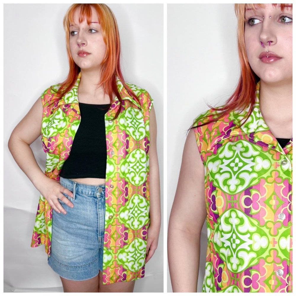 Vintage 70s Pointed Collar MOD Psychedelic Tunic Shirt L Large MCM Green Hippie